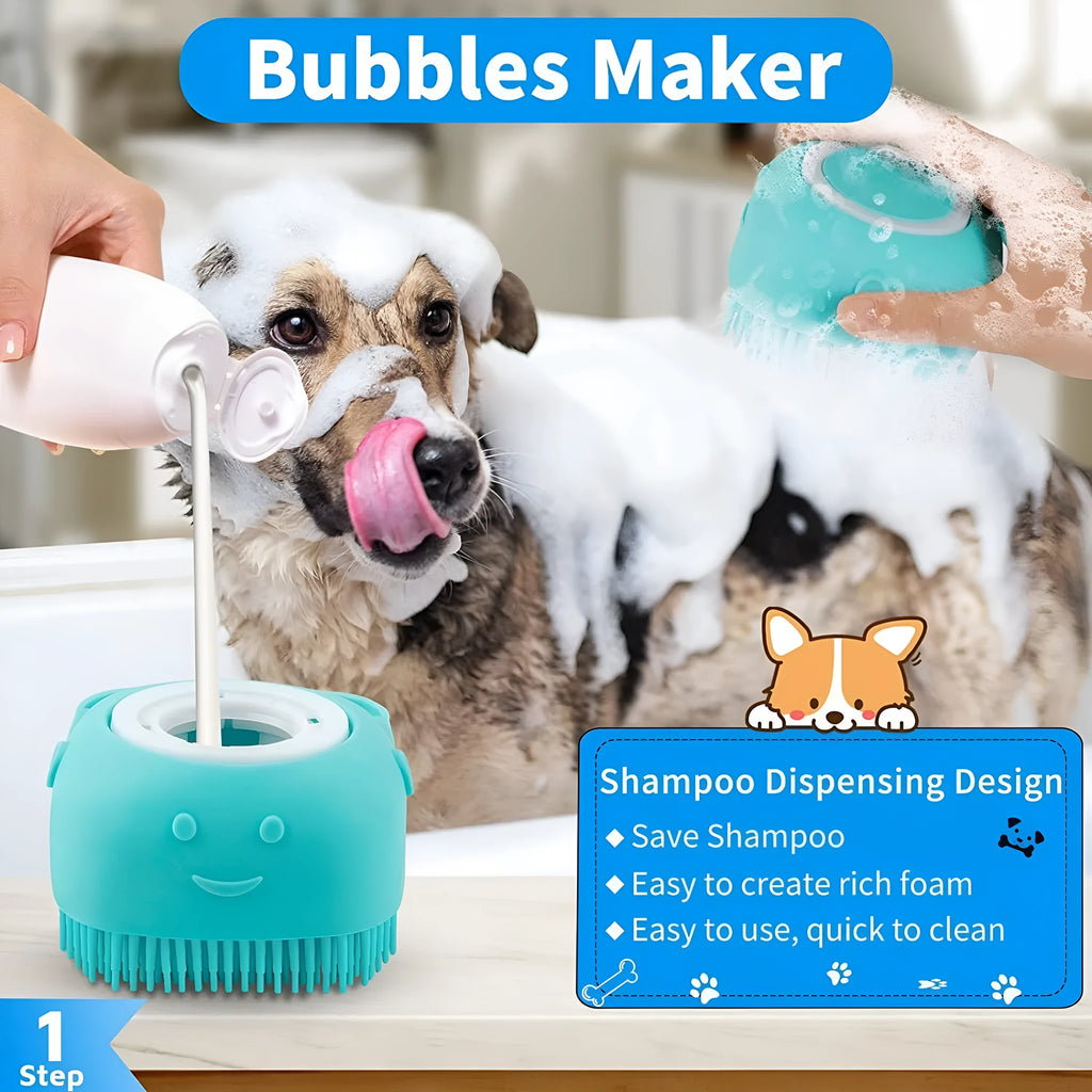 Blue 3-piece silicone dog bath brush set with adjustable handles on surface