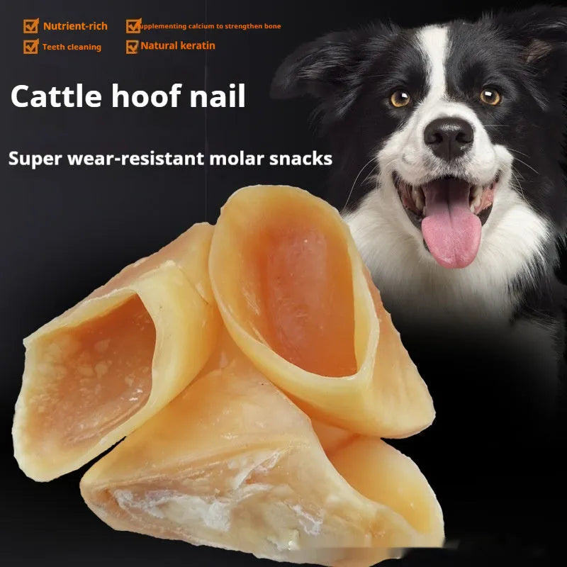 Natural cowhide dog chew with hoof shell attached, showing small and large size options