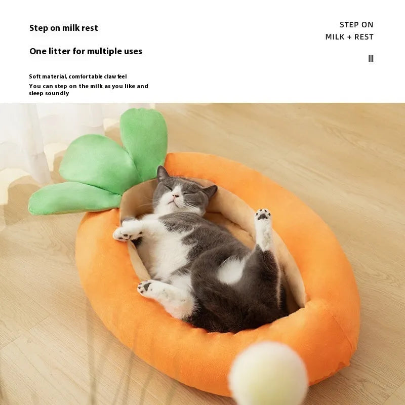 Cartoon carrot design double-sided dog bed with removable cover in medium and large sizes.