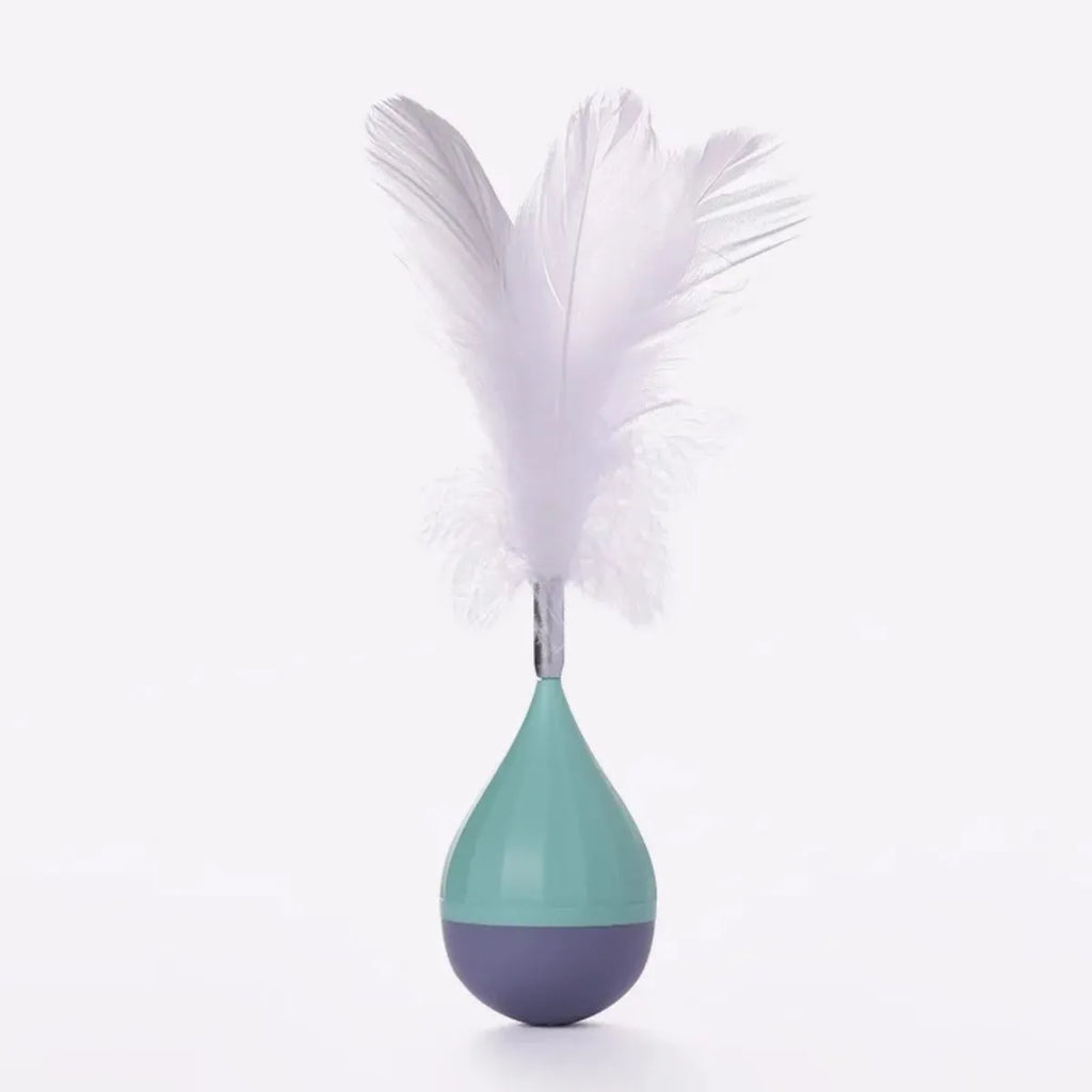 Green feather tumbler cat toy with attached tease stick and aluminium alloy components