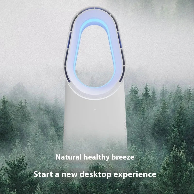 White bladeless tower fan with a remote control on a desk