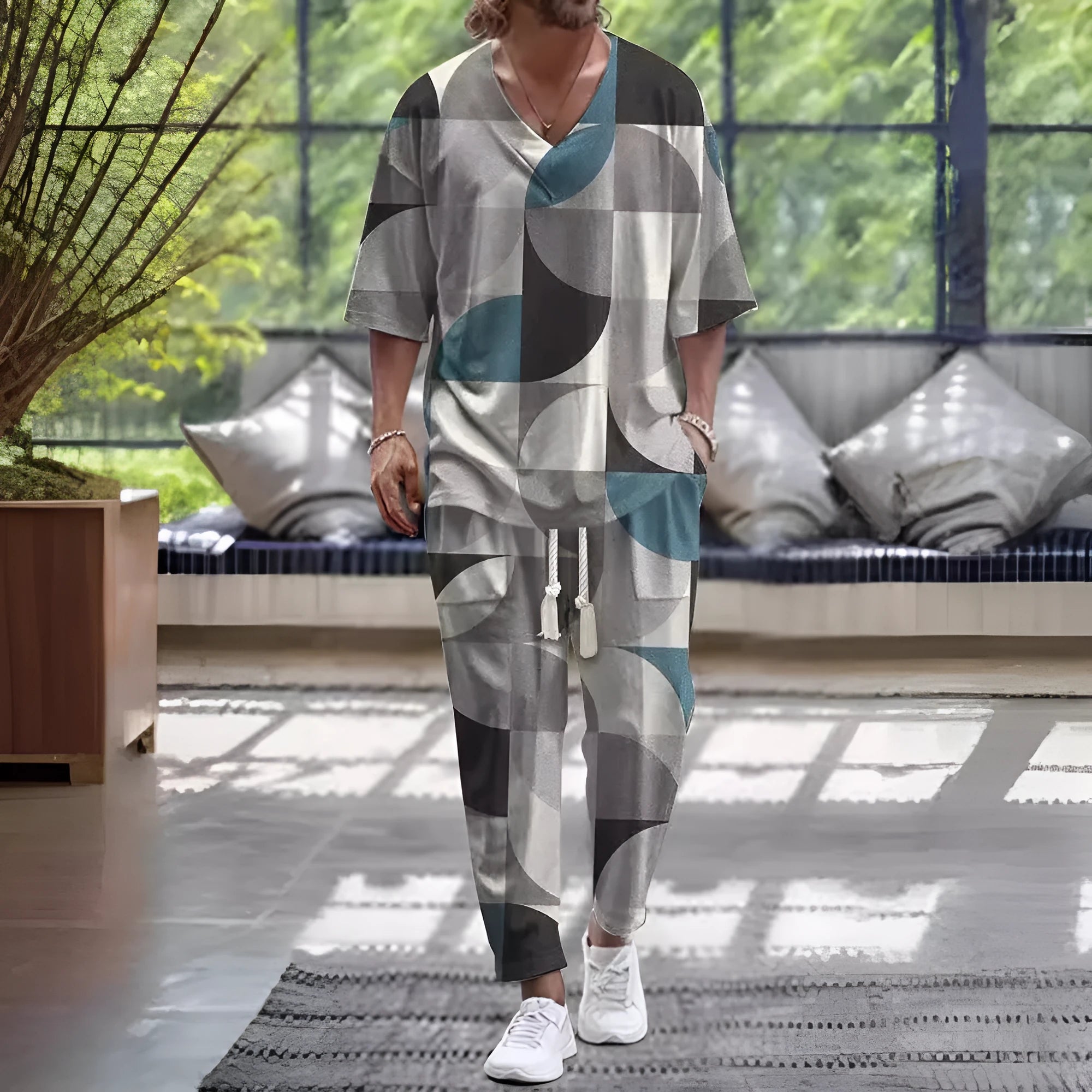 Women's light grey V-neck cropped sleeve jacket and trouser two-piece suit set on a hanger.