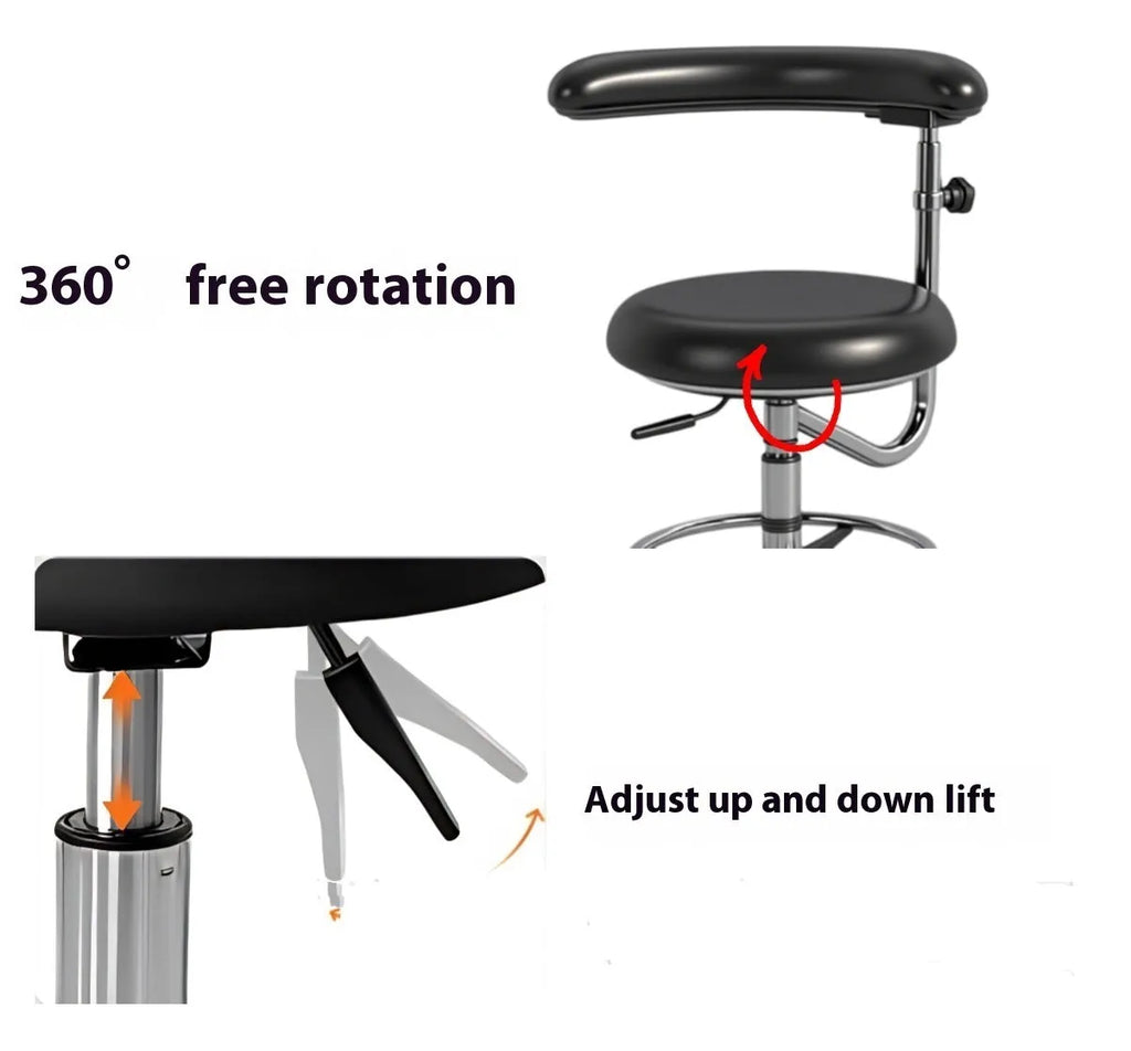 Black leather dental hospital chair used as a patient lift and dentist seat.