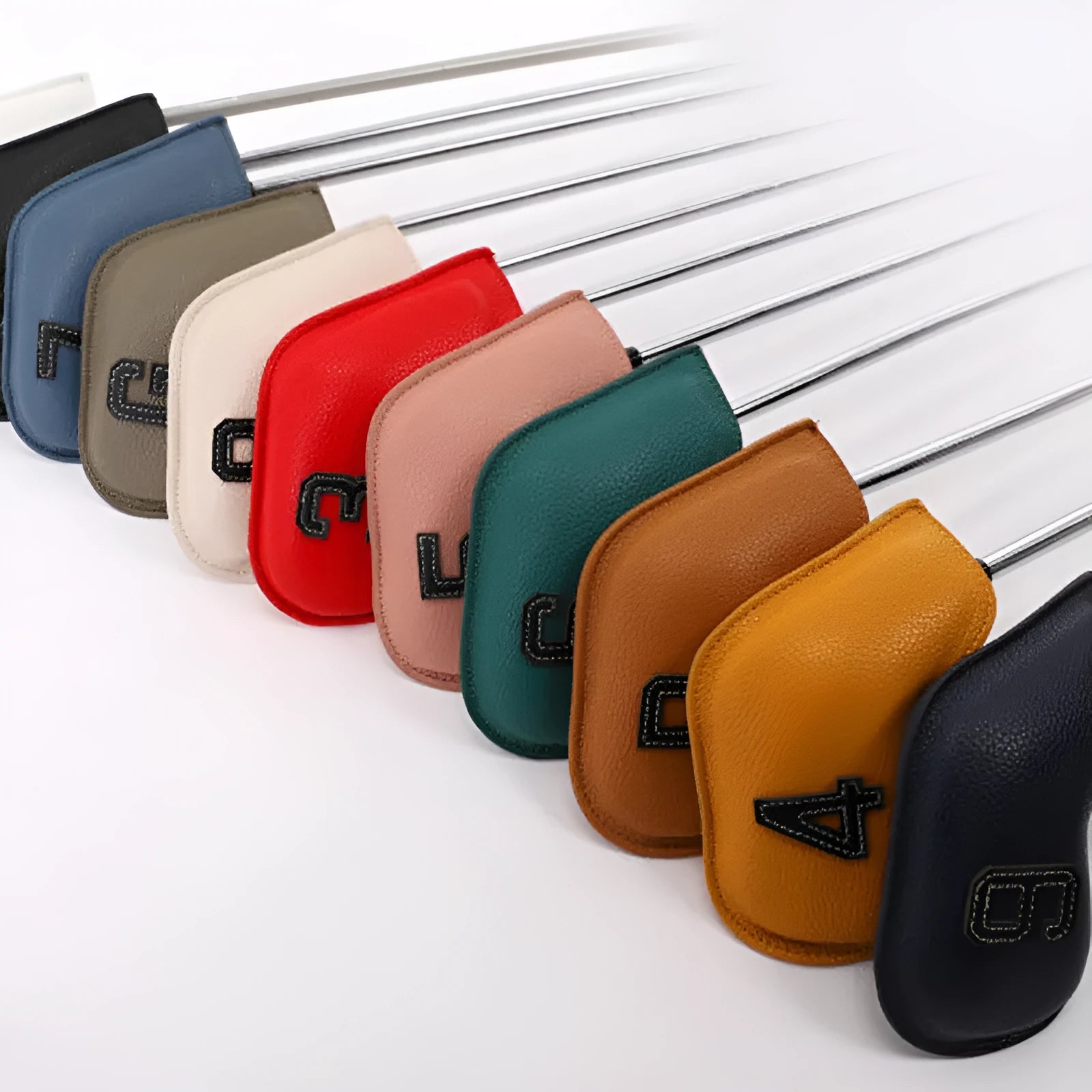Set of 10 minimalist digital print golf club head covers in various colours made from PU material