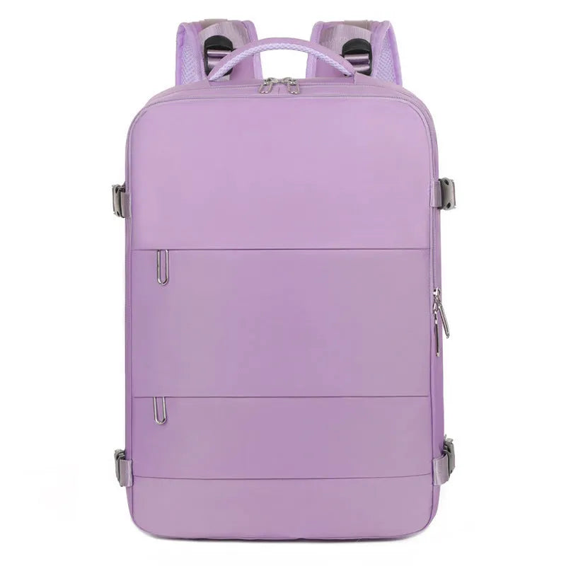 Purple large-capacity travel backpack with multiple compartments and air-pillow shoulder straps.