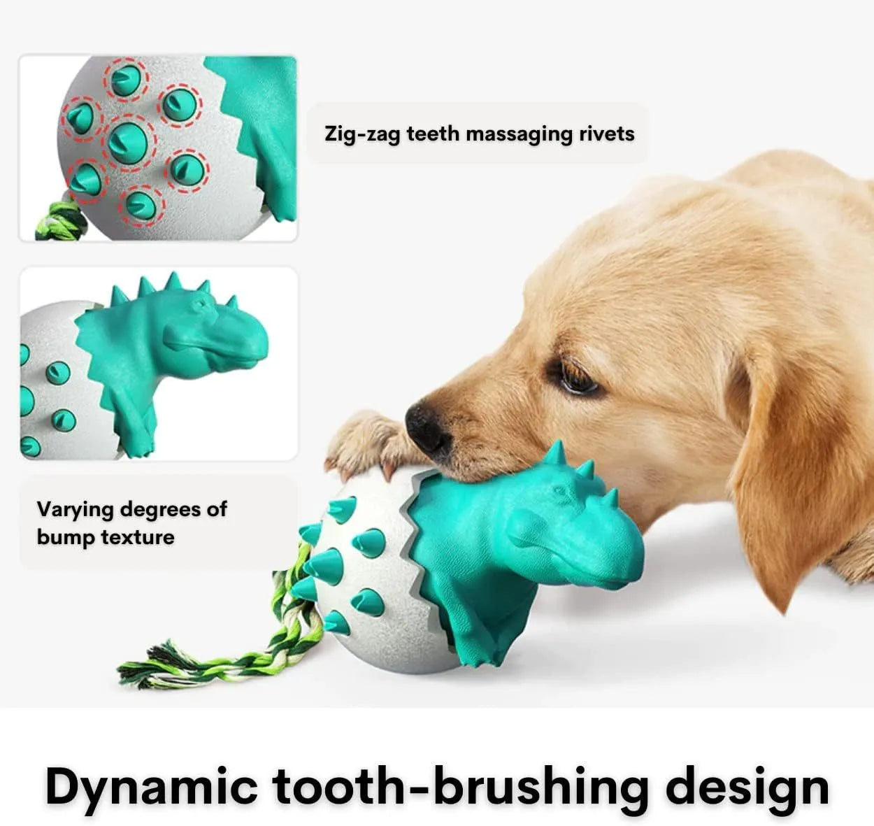 Blue durable rubber and nylon dinosaur-shaped dog chew toy with an integrated rope for fetch and tug games.