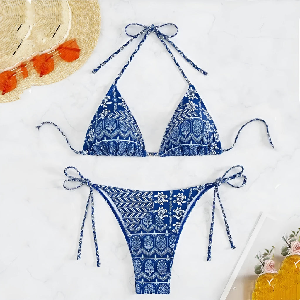 Women's polyester split bikini swimsuit with bandage-style stitching in multiple colour options