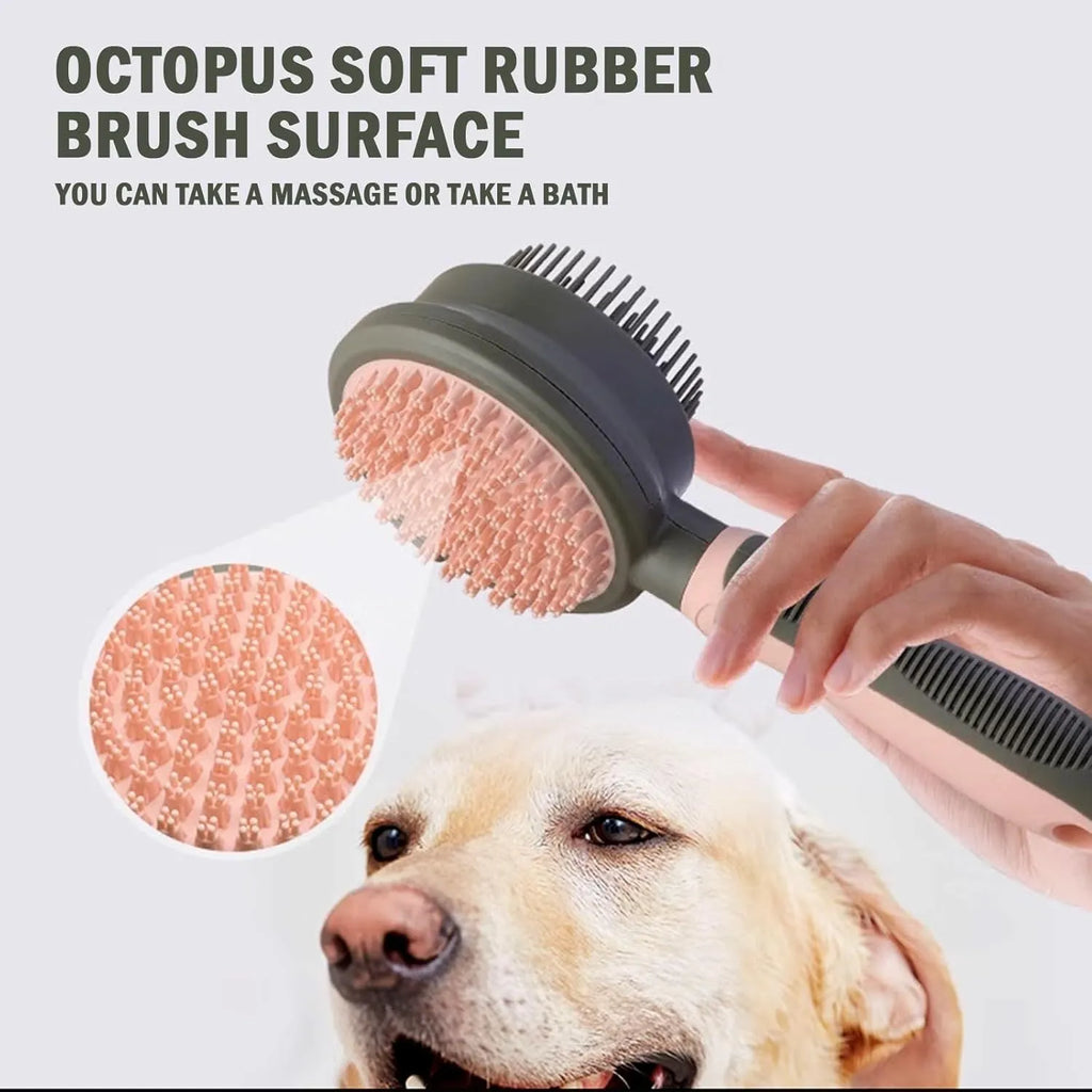 Double-sided pink cat brush with release button and matching flea comb for pet grooming