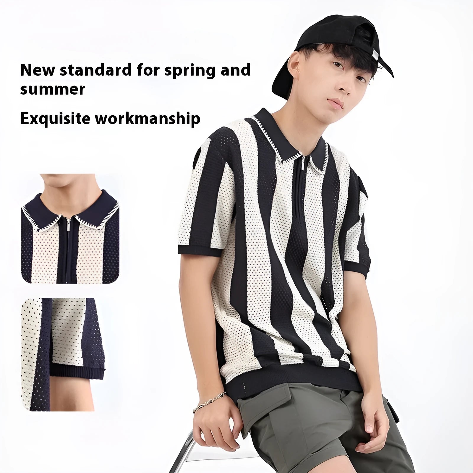 Men's striped short sleeve sweater in viscose ice silk with zipper decoration details