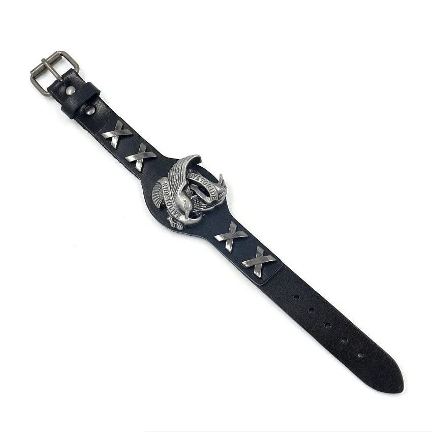 Black geometric leather bracelet with eagle watch-button clasp showing tapered width from 3.8cm to 1.7cm