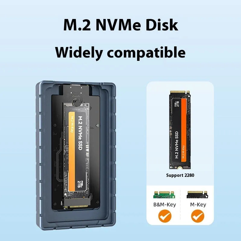 Compact aluminum USB4 external hard drive enclosure for M.2 NVMe SSDs on a desk.