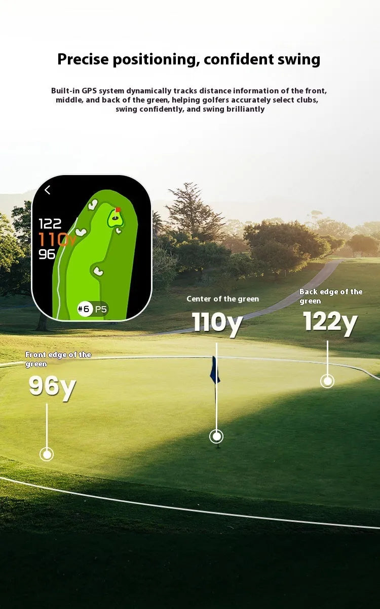 Black GPS rangefinder with AMOLED touch screen display showing distance measurement interface