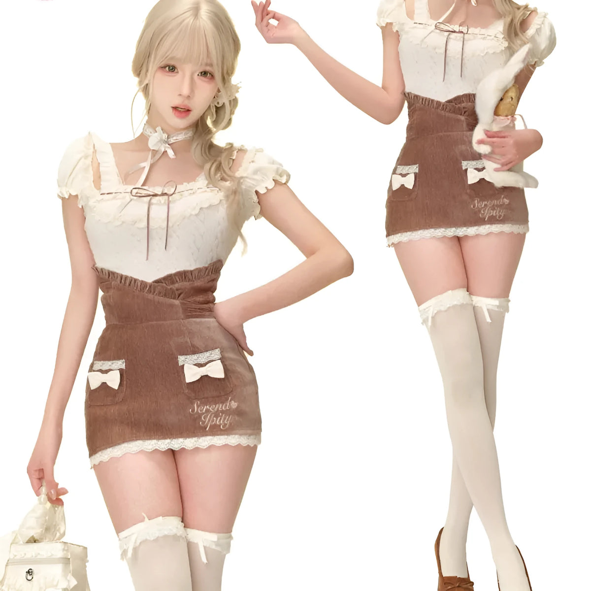 Apricot knitted top brown hip skirt and apricot shawl womens three-piece set on model