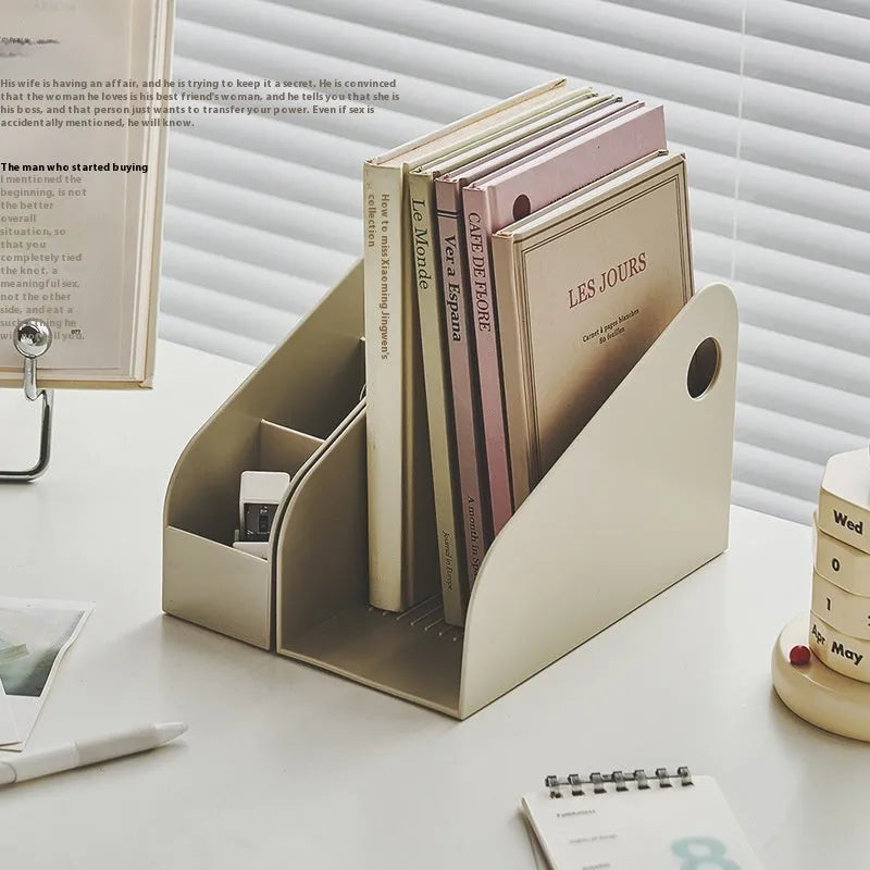 Plastic desktop storage organiser with two tiers in milk coffee colour on a desk