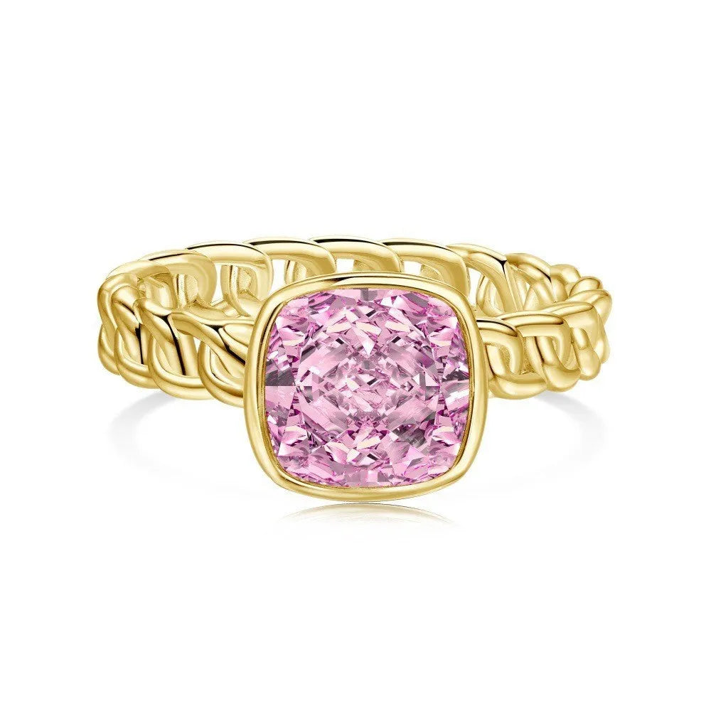 Silver S925 ring with fat square ice flower cut blue diamond, chain band, available in multiple sizes and colours