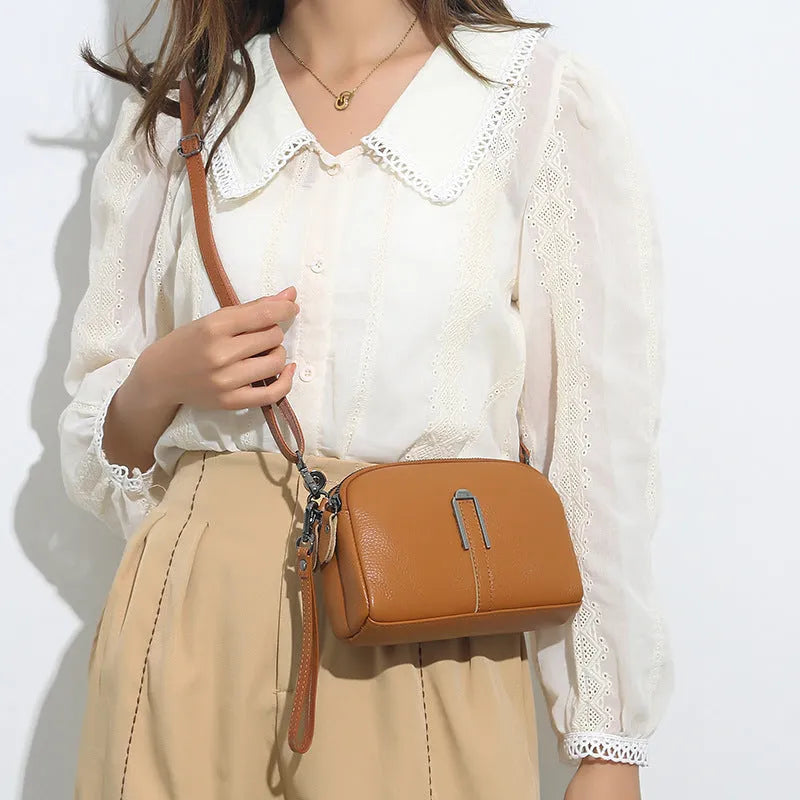 Women's genuine leather shoulder bag in horizontal square shape, 19cm length, available in five colours