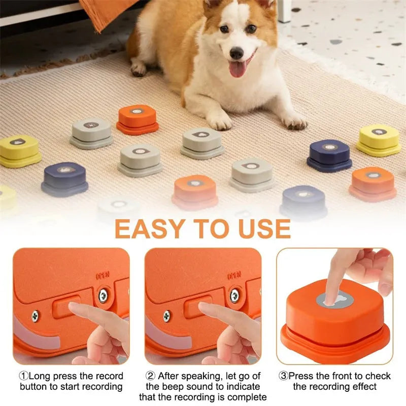 Pet communication button in orange, blue, grey, and yellow with optional 4-grid mat
