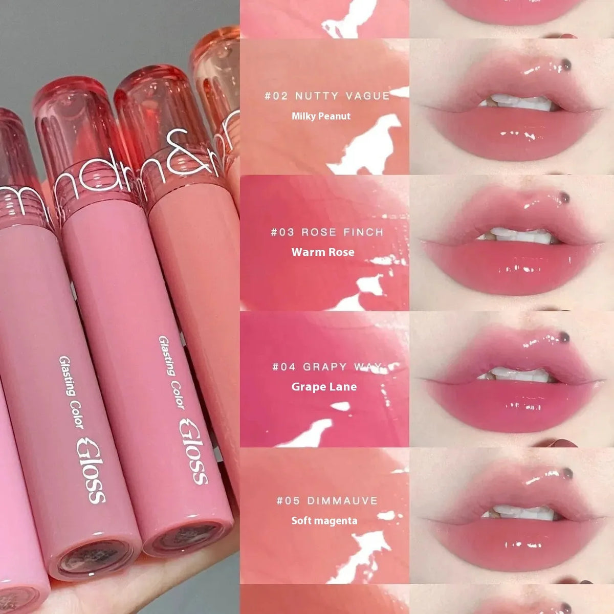 Water light mirror lip gloss in six shades with no stain on cup feature, 4G