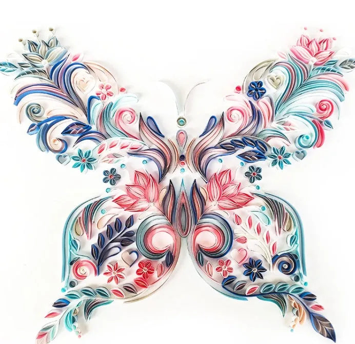 20 inch handmade butterfly quilling paper ornament with assembly tools on blue background