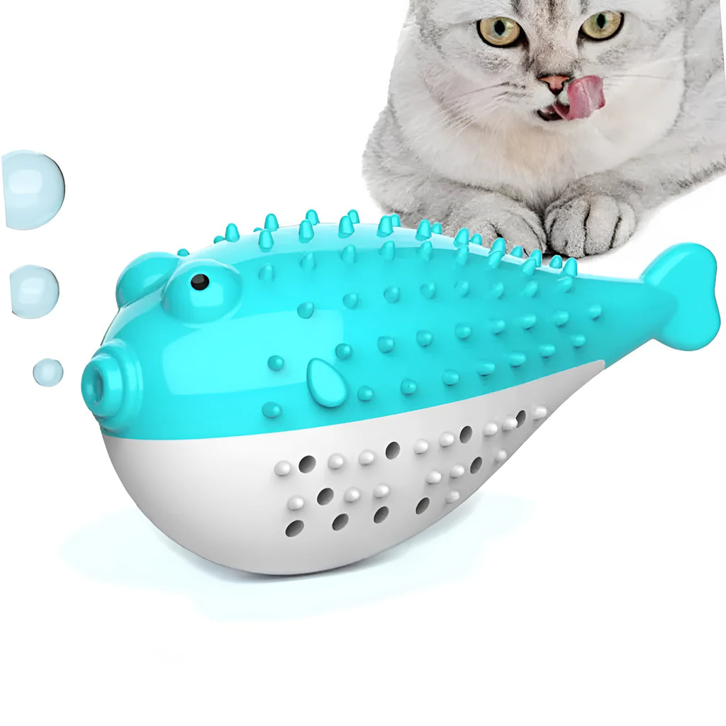 Silicone fish chew toy for cats in blue, green, pink or yellow colour options