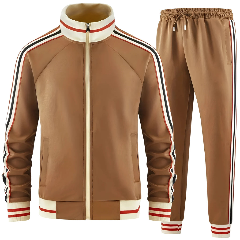 Men's khaki polyester streetwear tracksuit with zip-up turtleneck cardigan and matching trousers on a hanger.