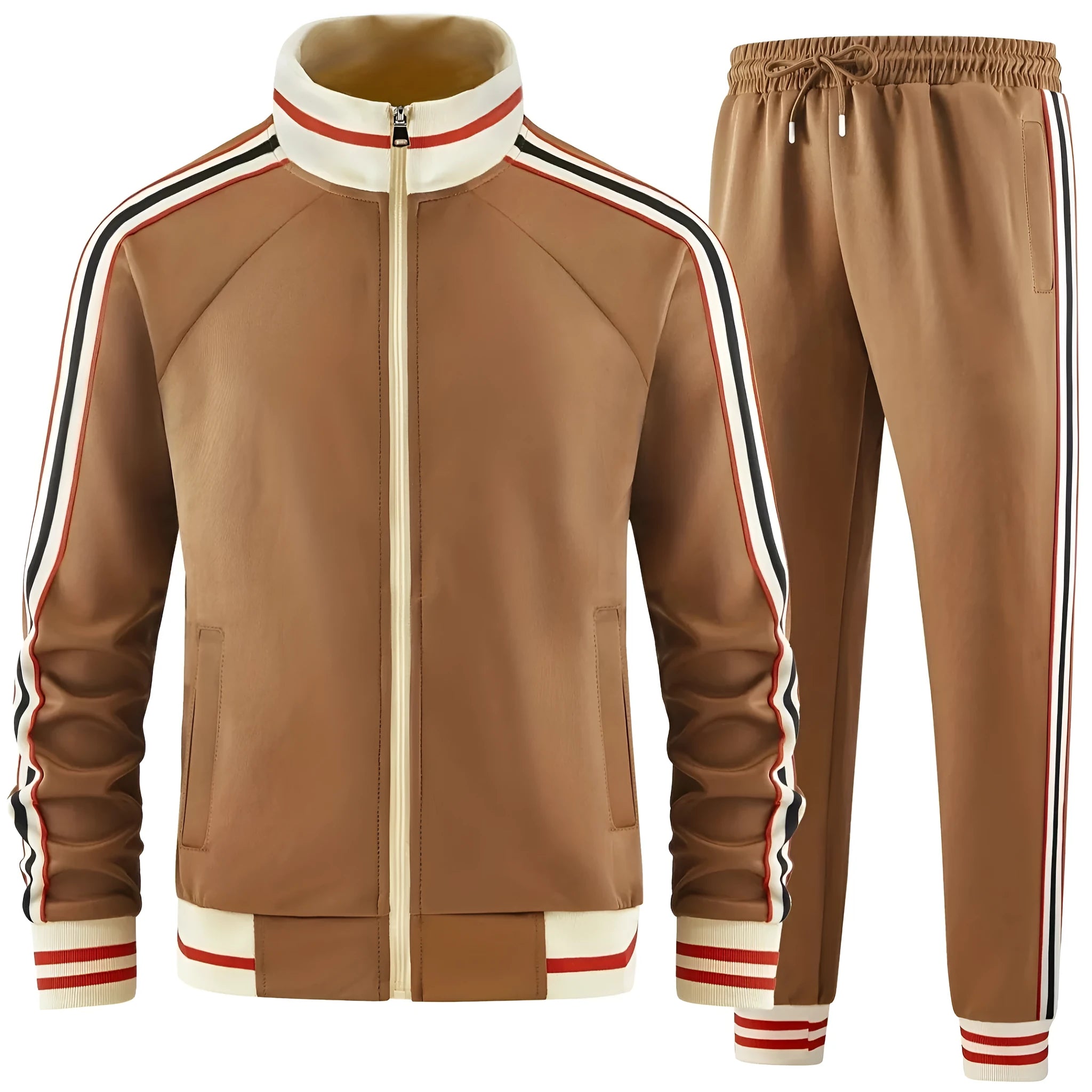 Men's khaki polyester streetwear tracksuit with zip-up turtleneck cardigan and matching trousers on a hanger.