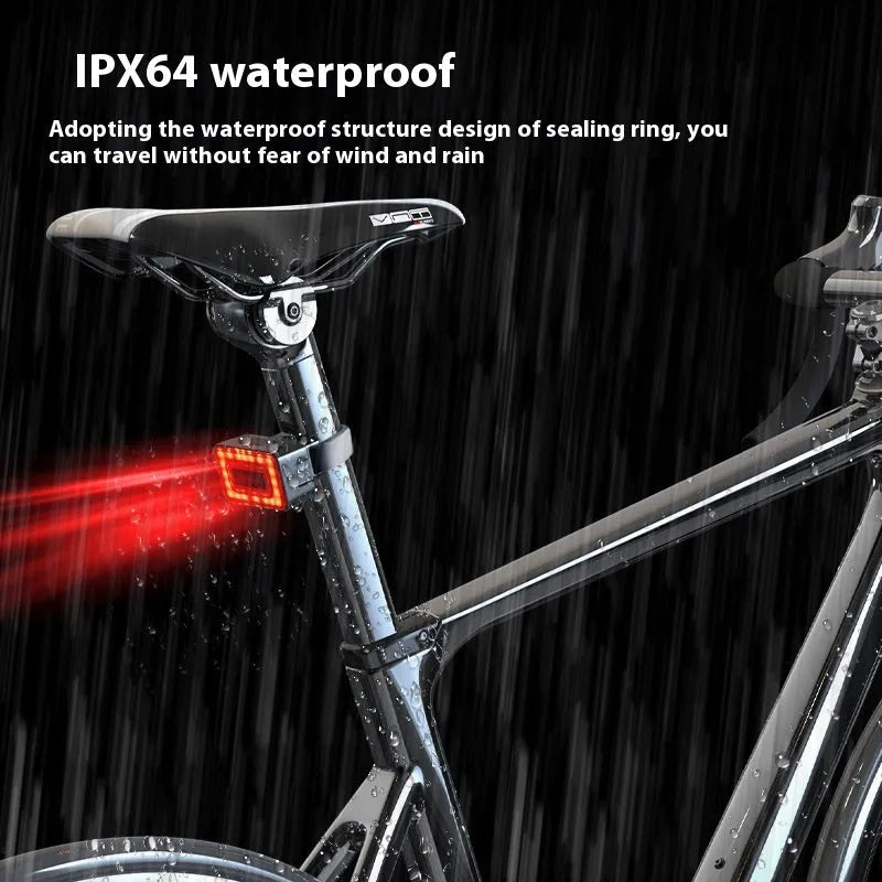Black bicycle taillight with radar sensor mounted on dual seat post brackets, showing TYPE-C charging port.