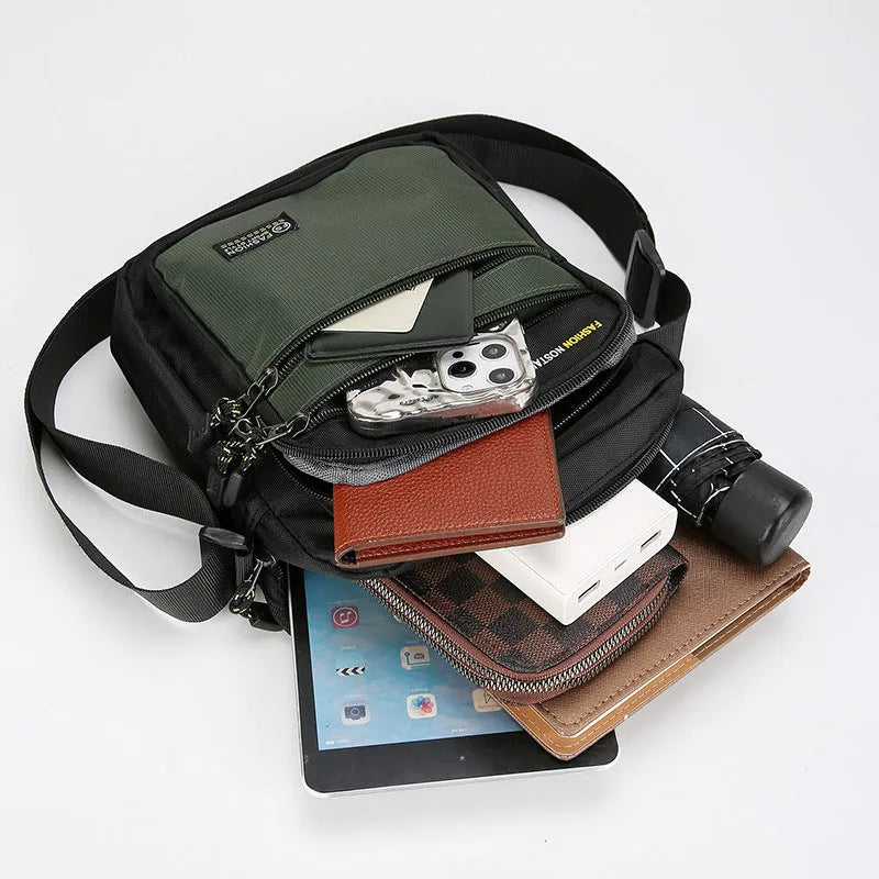 Men's waterproof nylon crossbody bag in green colour with polyester lining and sewing thread detail