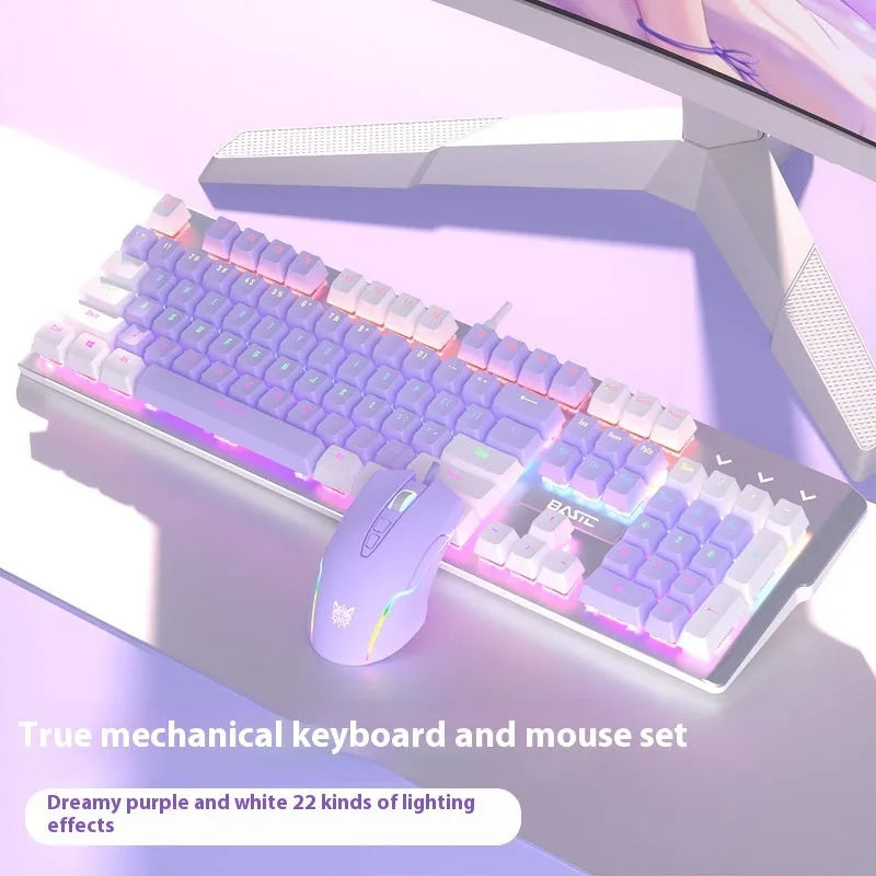 Purple mechanical keyboard and mouse wired set with white accents and mixed backlighting