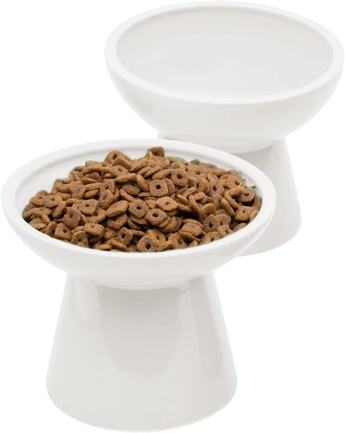 Blue ceramic elevated cat food bowl with wide shallow dish for whisker fatigue prevention.