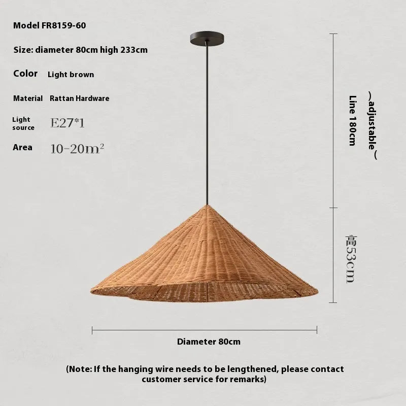 Rattan woven ceiling lamp with natural texture in Silent Wind style, diameter options from 50cm to 80cm