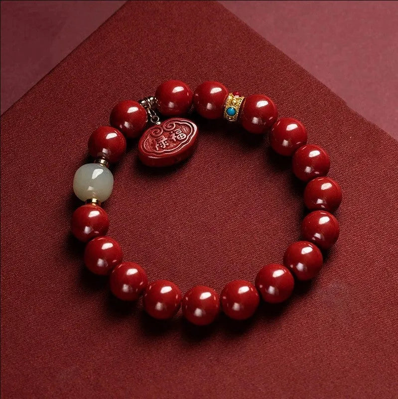 Natural cinnabar Emperor sandstone Ping An Fu Lu bracelet with 8mm and 10mm size options.