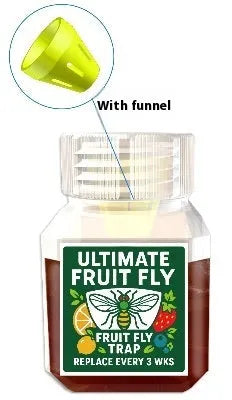 Bottle of SK003 fruit fly trap bait liquid with optional funnel for indoor pest control.