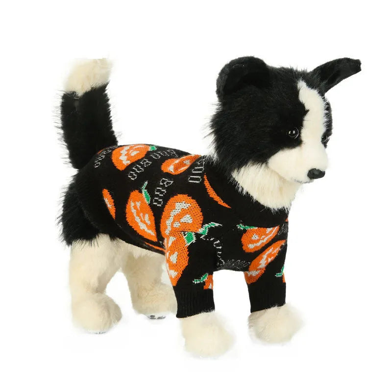 Black polyester dog sweater with orange pumpkin pattern for Halloween, shown on a dog.