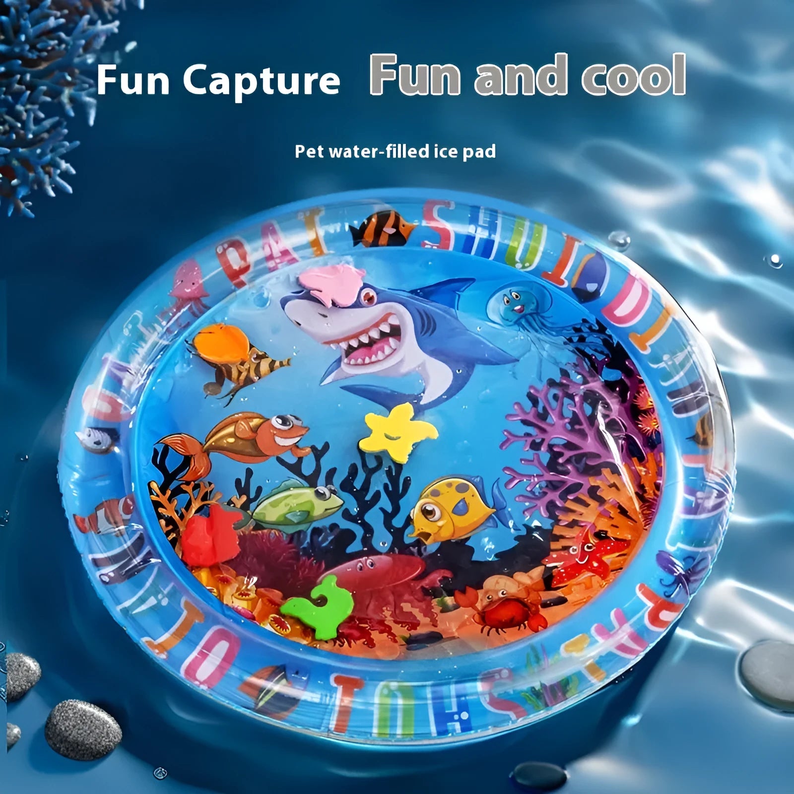 Inflatable PVC pet cooling water bed in aquatic designs, shown in 100cm and 65cm sizes.