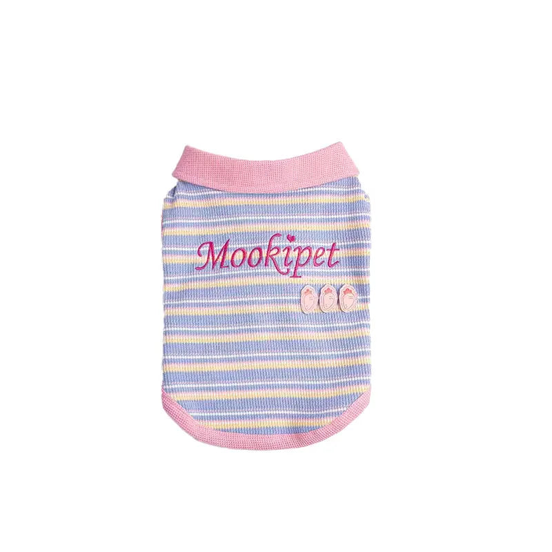 Pink purple knitted vest for small dogs and cats shown on size chart from XXS to XXL.
