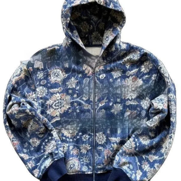A blue loose-fitting men's hooded zip coat with long sleeves, shown on a hanger.