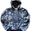 A blue loose-fitting men's hooded zip coat with long sleeves, shown on a hanger.