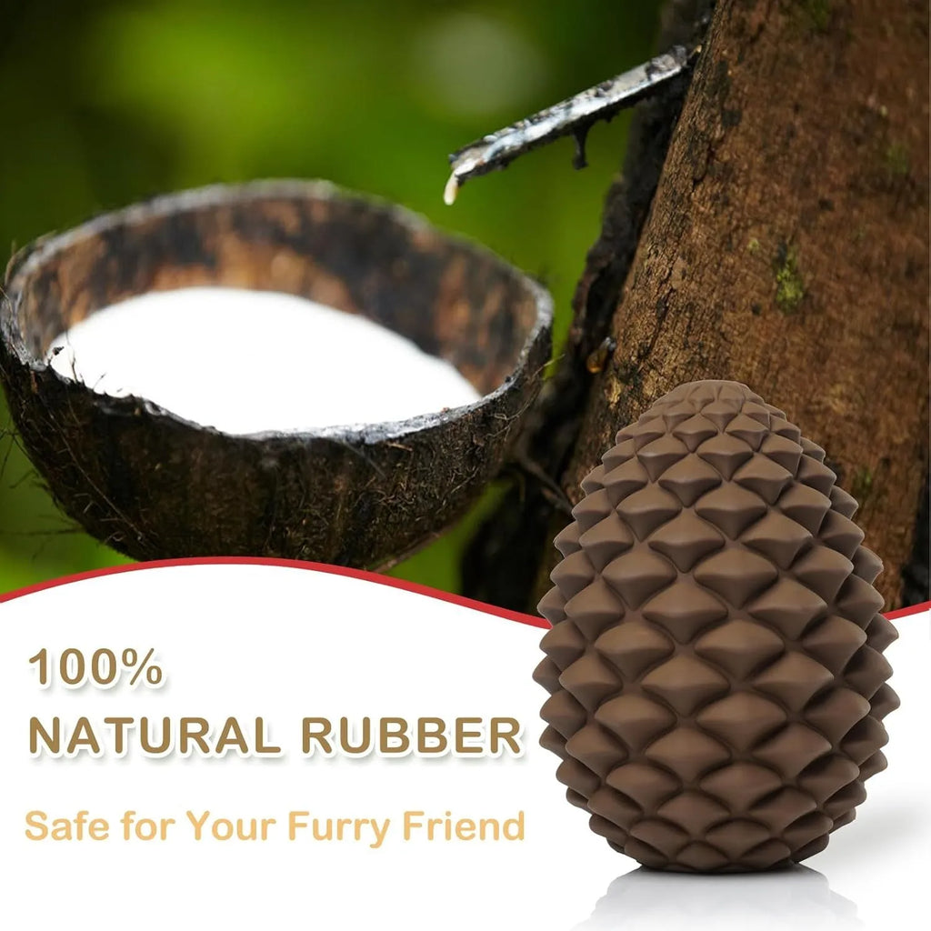 Yellow pine cone shaped dog chew toy with natural rubber construction and treat dispensing feature