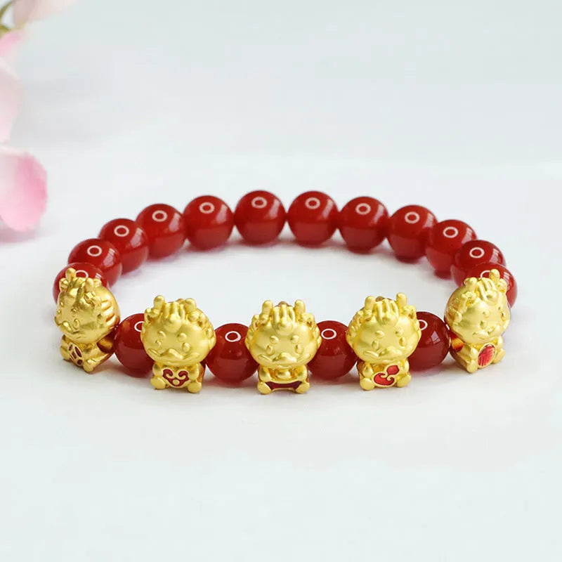 Natural red agate bracelet with Five Blessing Dragon design Chinese style jewellery 8mm diameter