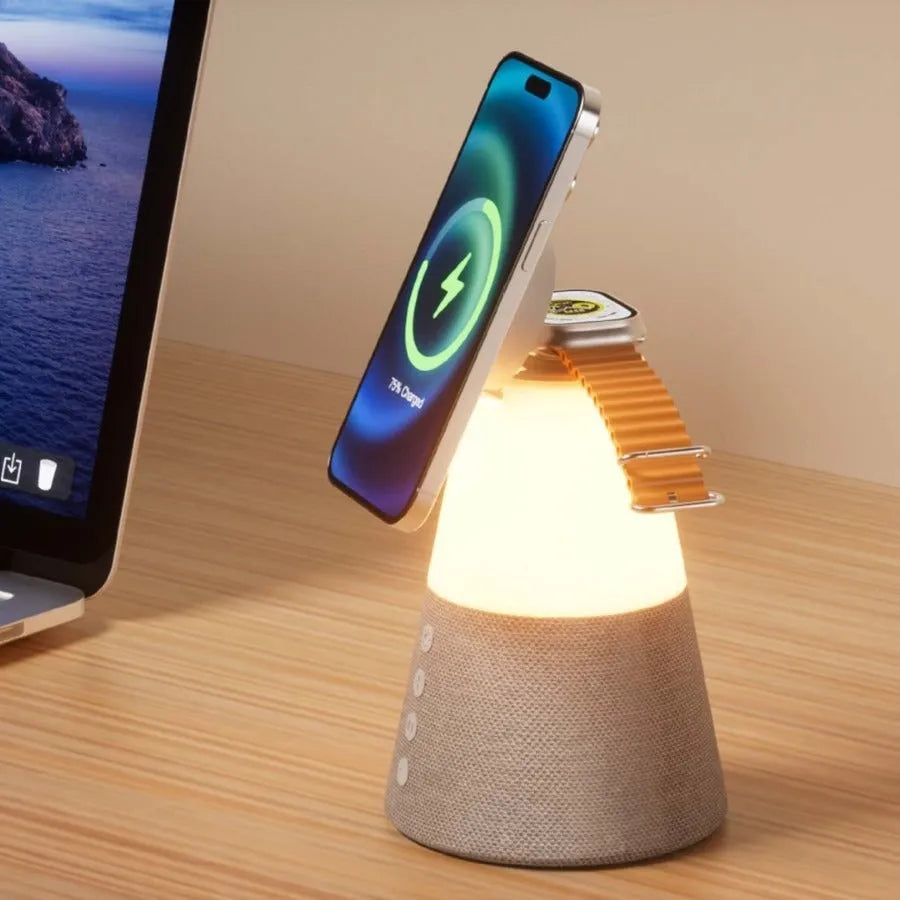 Gray 3-in-1 magnetic wireless charging Bluetooth speaker night light with built-in lithium battery