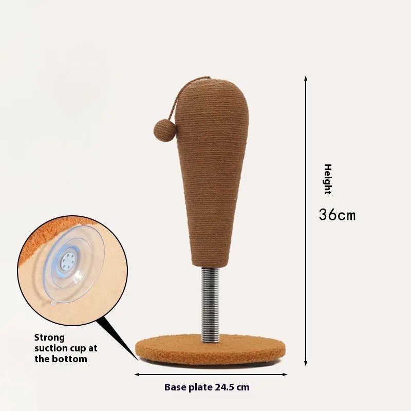 Natural hemp rope cat scratch board shown in large and small sizes with optional cat grasping ball and tumbler toys.