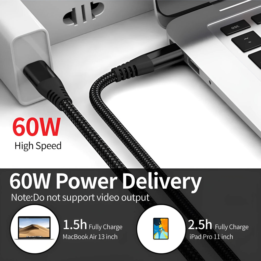 Double-headed charging cable with woven black sheath, Lightning and USB-C ends, 15pd fast charging – 1m 2m 3m lengths