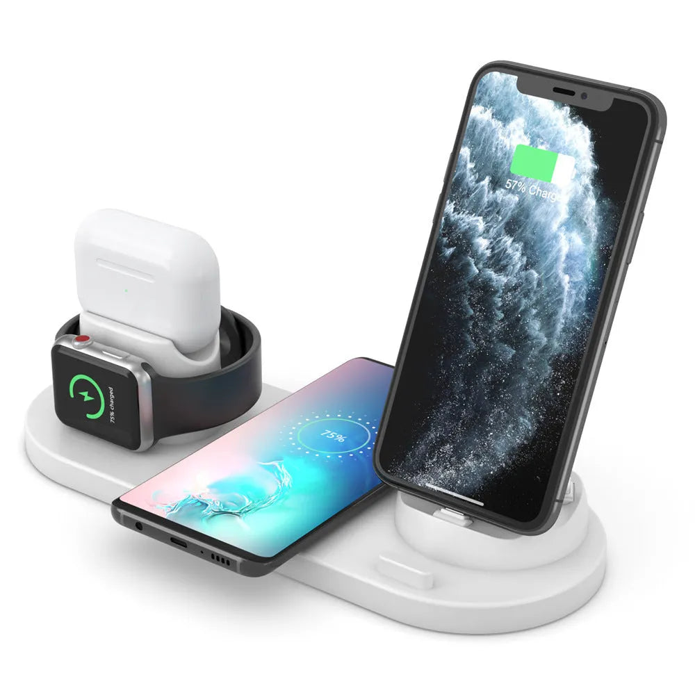 Black 6-in-1 wireless charging station holding phone with AirPods and watch charging