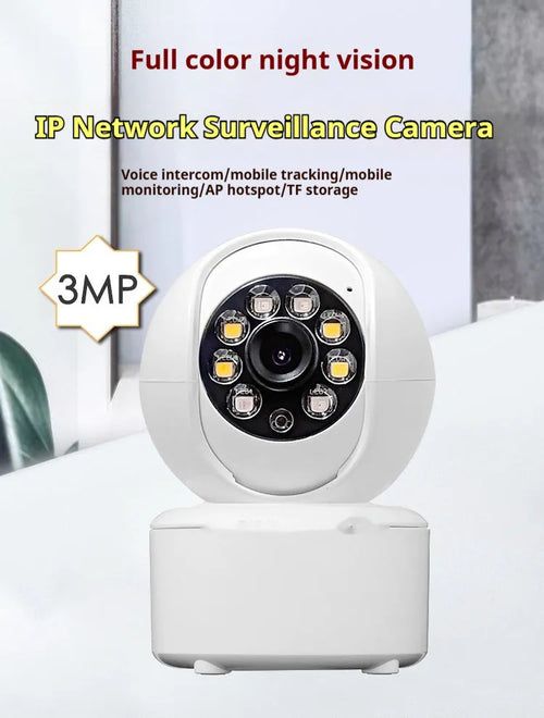 White ceiling-mounted indoor security camera with a lens and infrared LEDs