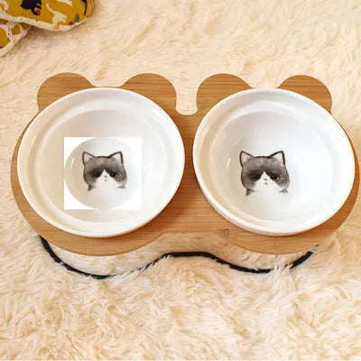Ceramic cat bowl holder with raised rack in grey cat colour