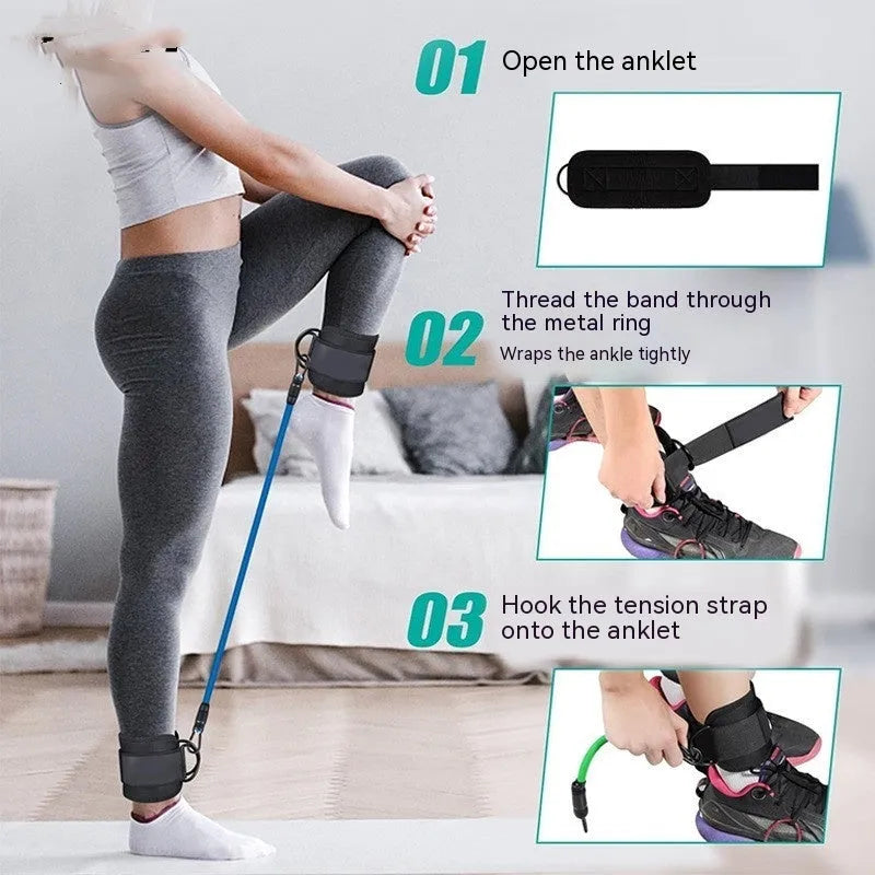 TPE resistance band set with three tension levels, foot loops, and storage bag for yoga and leg exercises