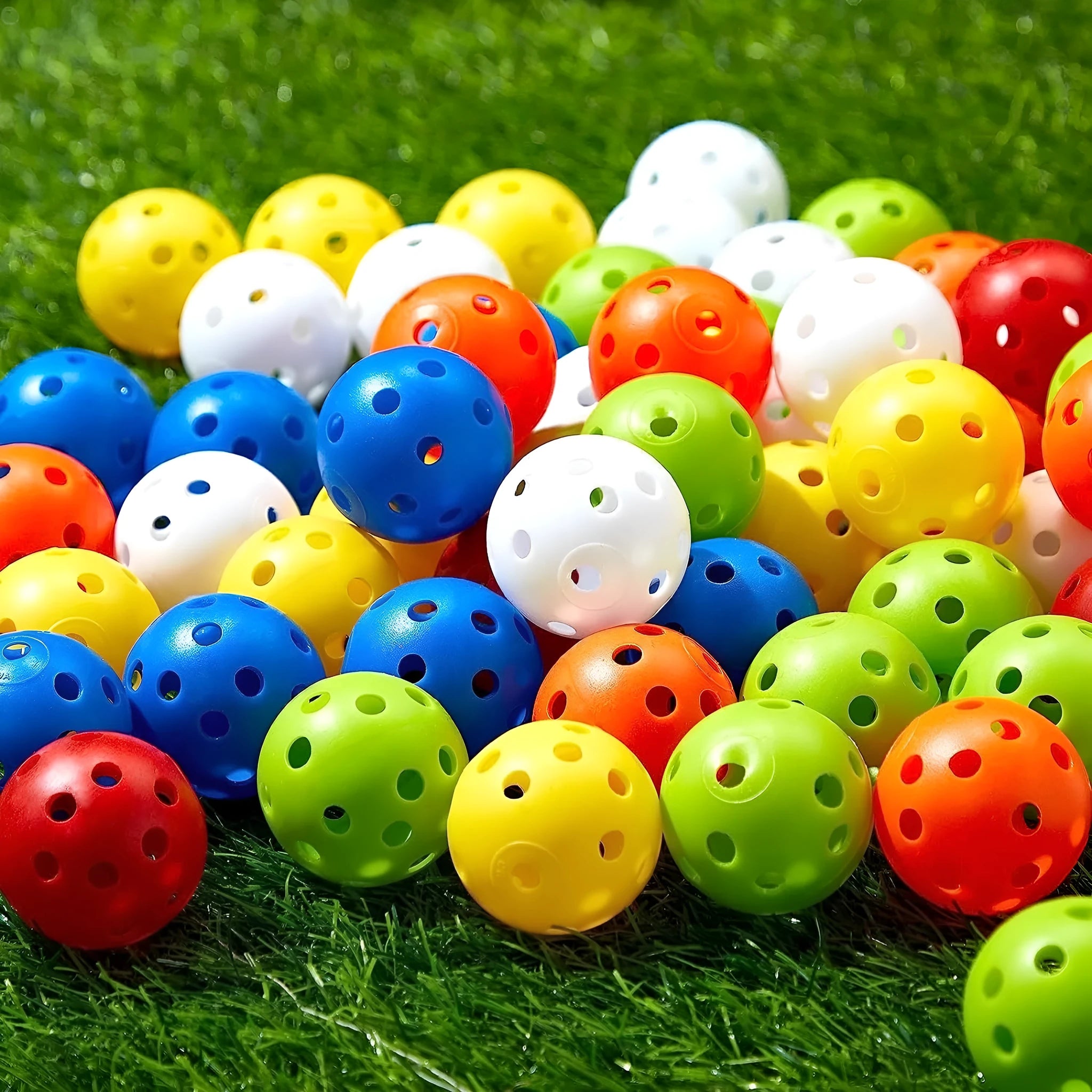 Multi-colour golf practice balls in red, orange, blue, green, white and yellow with net pocket