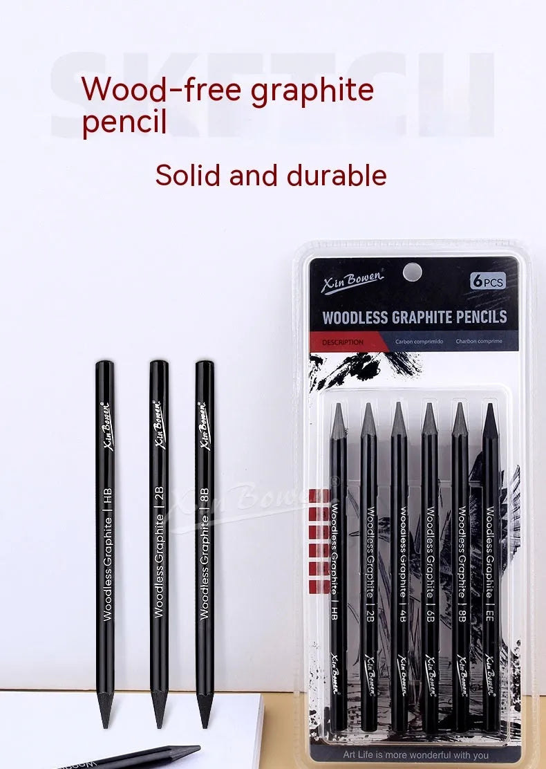 Wood-free graphite sketching pencil set showing six different grade pencils for art drawing