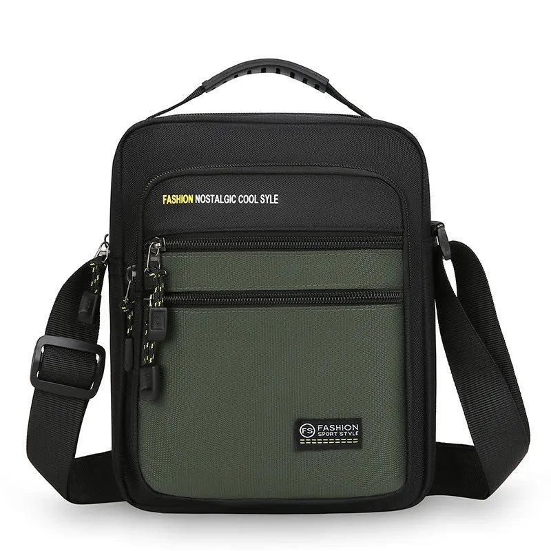 Men's waterproof nylon crossbody bag in green colour with polyester lining and sewing thread detail